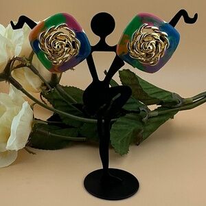 70s / 80s Mod Color Clip On Earrings Green Blue Pink Orange Purple